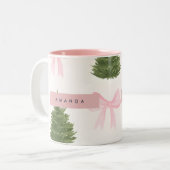 Personalized Pink Bow & Christmas Tree Zweifarbige Tasse (Vorderseite Links)