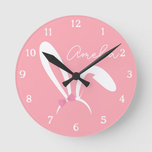 Personalized Pink Bunny Nursery Wall Clock Cute Runde Wanduhr (Vorderseite)