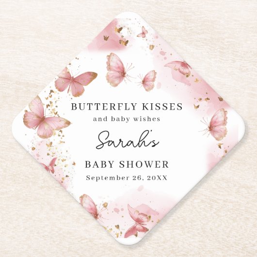 Personalized Pink Butterfly Baby Shower Coaster Untersetzer (Vorderseite)