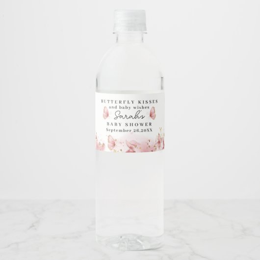 Personalized Pink Butterfly Water Bottle Label Wasserflaschenetikett (Vorderseite)