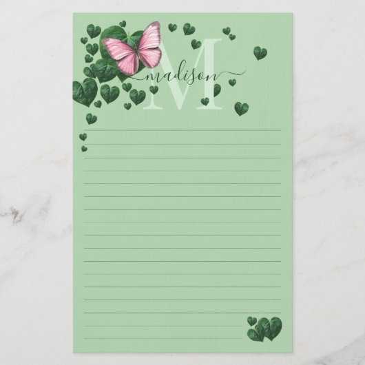 Personalized Pink Butterfly with Heart Leaves Briefpapier (Vorderseite)
