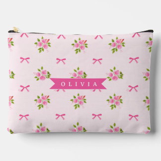 Personalized Pink Coquette Girly Bow Floral Name Zubehörtasche