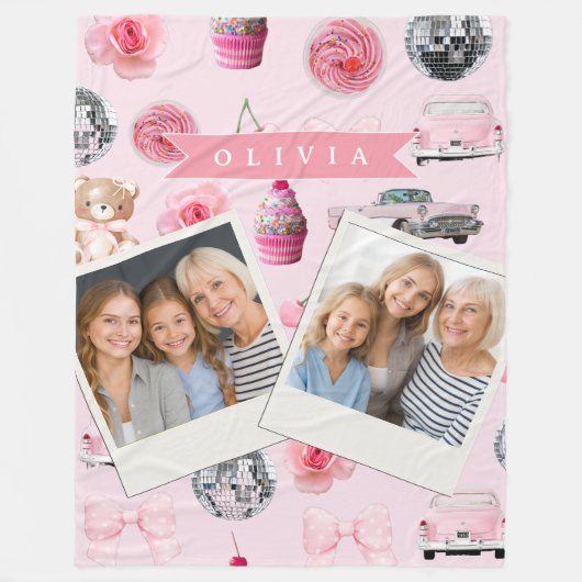 Personalized Pink Coquette Retro Cute Teddy Bear Fleecedecke (Vorderseite)