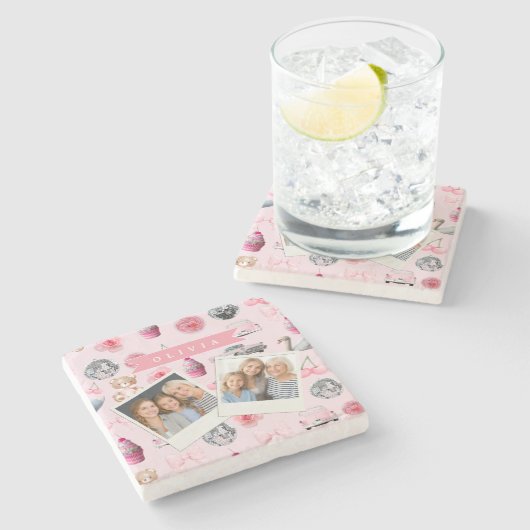 Personalized Pink Coquette Retro Cute Teddy Bear Steinuntersetzer (Seitenansicht)