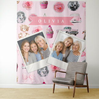 Personalized Pink Coquette Retro Cute Teddy Bear Wandteppich