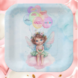Personalized Pink Fairy on a Cloud Paper Plate Pappteller