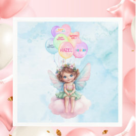 Personalized Pink Fairy on Cloud Birthday Napkin  Serviette