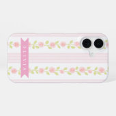 Personalized pink feminine coquette floral striped iPhone 16 hülle (Rückseite (Horizontal))