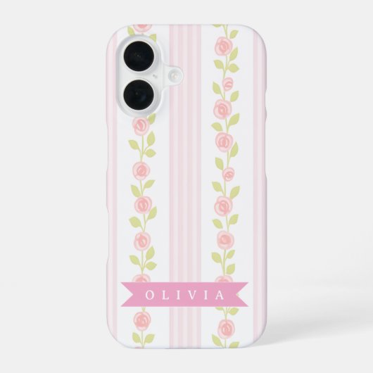 Personalized pink feminine coquette floral striped iPhone 16 hülle (Rückseite)