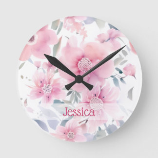 Personalized Pink Floral Watercolor Runde Wanduhr