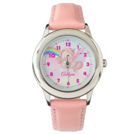 Personalized Pink Girls Watercolor Rainbow Unicorn Armbanduhr