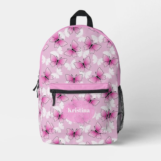 Personalized Pink Girly Butterfly Kawaii Backpack Bedruckter Rucksack (Vorderseite)