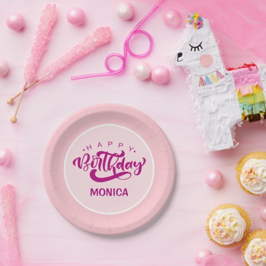 Personalized Pink Happy Birthday  Pappteller (Party)