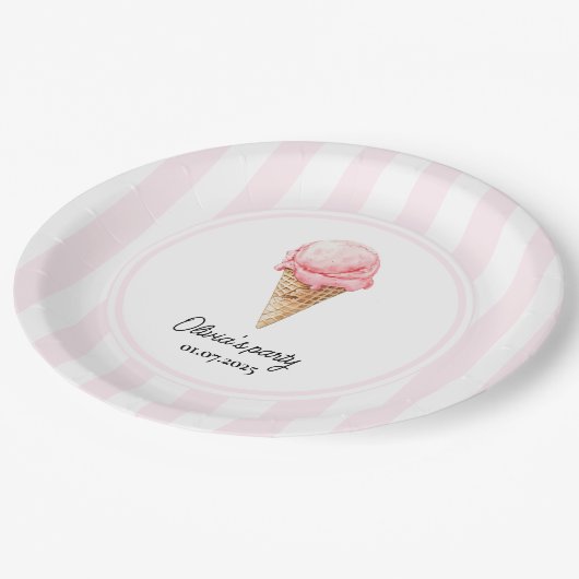 Personalized Pink Ice Cream Cone Birthday Pappteller (Schrägansicht)