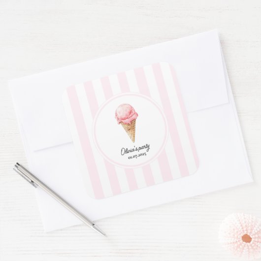 Personalized Pink Ice Cream Cone Party Sticker  (Umschlag)