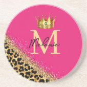 Personalized Pink Leopard Gold Glitter Monogram Getränkeuntersetzer (Vorne)