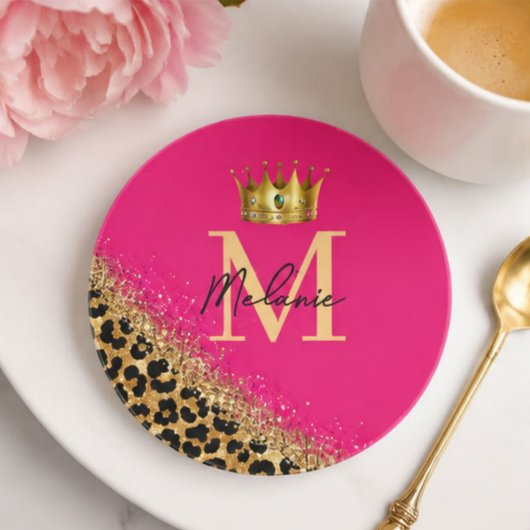 Personalized Pink Leopard Gold Glitter Monogram Getränkeuntersetzer