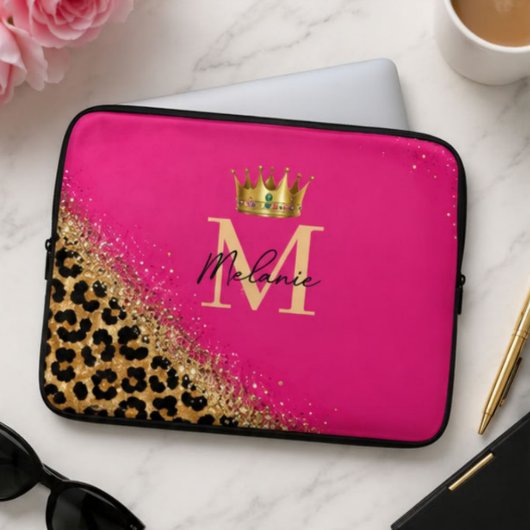 Personalized Pink Leopard Gold Glitter Monogram Laptopschutzhülle