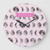 Personalized Pink Moon Phase Celestial Name Gift Große Wanduhr (Vorderseite)
