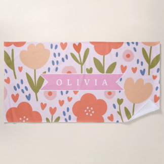 Personalized pink nordic cute folk floral pattern strandtuch