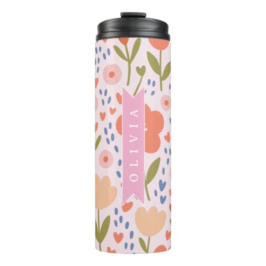 Personalized pink nordic cute folk floral pattern thermosbecher (Vorderseite)