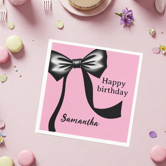 Personalized Pink Paper Napkins with Black Bow Serviette