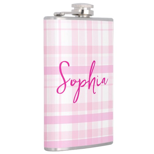 Personalized Pink Plaid Flask  with Name  Flachmann (Rechts)
