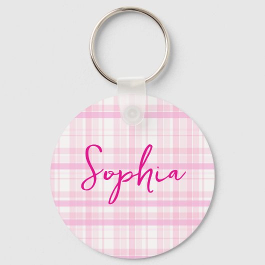 Personalized Pink Plaid keychain with Name Schlüsselanhänger (Vorderseite)