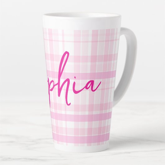 Personalized Pink Plaid Latte Mug with Name Milchtasse (Rechte Ecke)