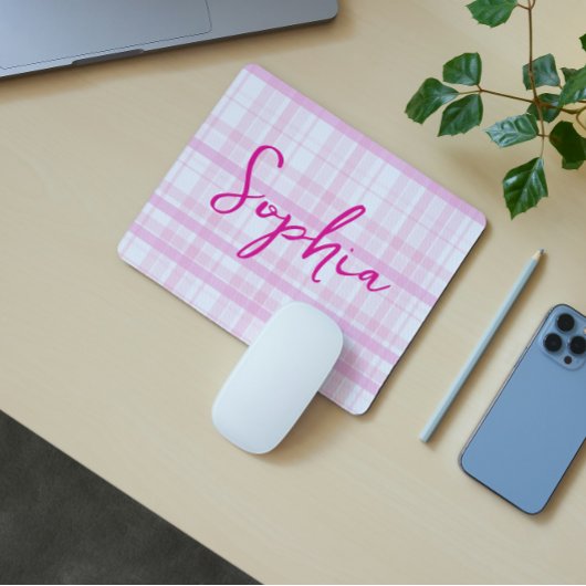 Personalized Pink Plaid Mouse Pad with Name  Mousepad