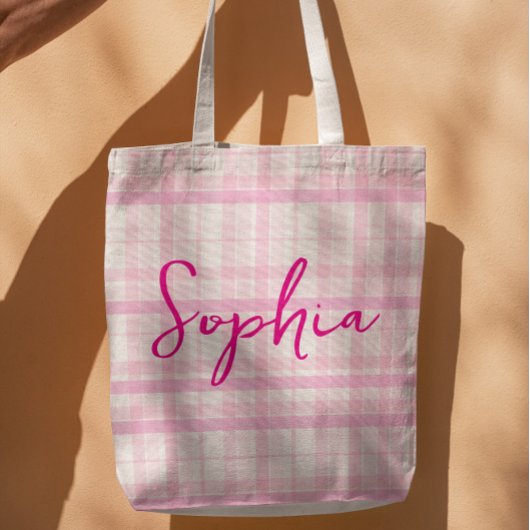 Personalized Pink Plaid Name Tote Bag Tasche