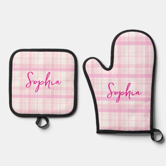 Personalized Pink Plaid Ofenhandschuh & Topflappen-Set (Vorderseite)