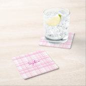 Personalized Pink Plaid Paper Coaster with Name  Rechteckiger Pappuntersetzer (Vor Ort)