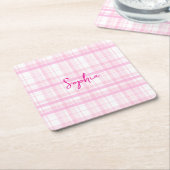 Personalized Pink Plaid Paper Coaster with Name  Rechteckiger Pappuntersetzer (angewinkelt)
