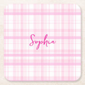 Personalized Pink Plaid Paper Coaster with Name  Rechteckiger Pappuntersetzer (Vorderseite)
