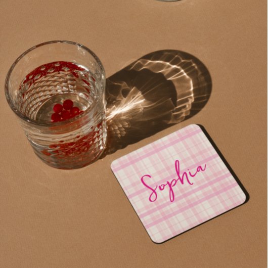 Personalized Pink Plaid Paper Coaster with Name  Rechteckiger Pappuntersetzer