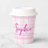Personalized Pink Plaid Paper Cups with Name  Pappbecher (Vorderseite)