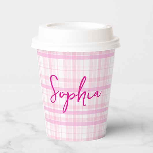 Personalized Pink Plaid Paper Cups with Name  Pappbecher (Vorderseite)