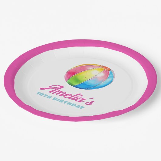 Personalized Pink Pool Party Pappteller (Schrägansicht)