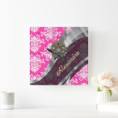 Personalized pink pretty girly damask pattern quadratische wanduhr (Zuhause)