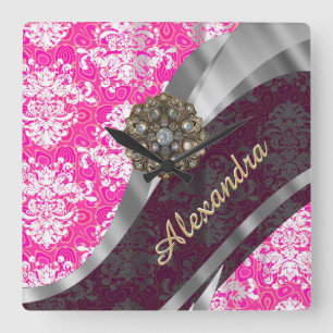 Personalized pink pretty girly damask pattern quadratische wanduhr