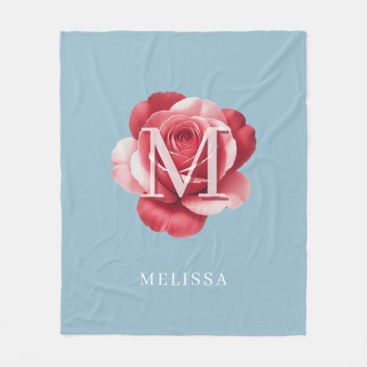 Personalized Pink Rose Monogram Name Soft Blue Fleecedecke (Vorderseite)