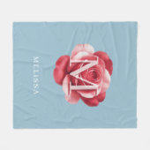 Personalized Pink Rose Monogram Name Soft Blue Fleecedecke (Vorderseite (Horizontal))