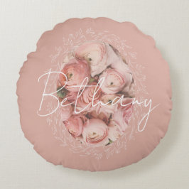 Personalized Pink Roses Romantic Elegant Vintage  Rundes Kissen