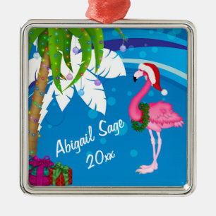 Personalized Pink Santa Flamingo Beach Christmas Ornament Aus Metall