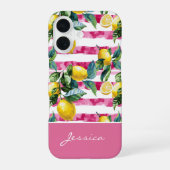 Personalized Pink Stripe Lemon Pattern iPhone Case 16 Hülle (Rückseite)