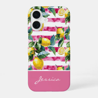 Personalized Pink Stripe Lemon Pattern iPhone Case 16 Hülle
