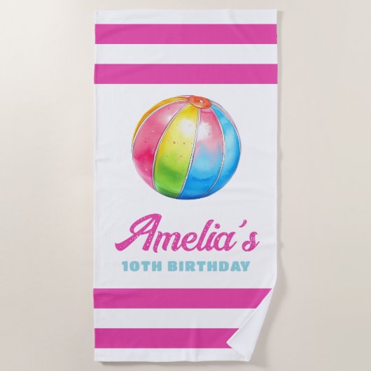 Personalized Pink Stripe with Colorful Pool Ball Strandtuch (Vorderseite)