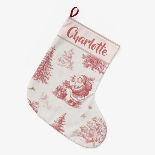Personalized Pink Toile Christmas Stocking Großer Weihnachtsstrumpf (Vorderansicht (hängend))