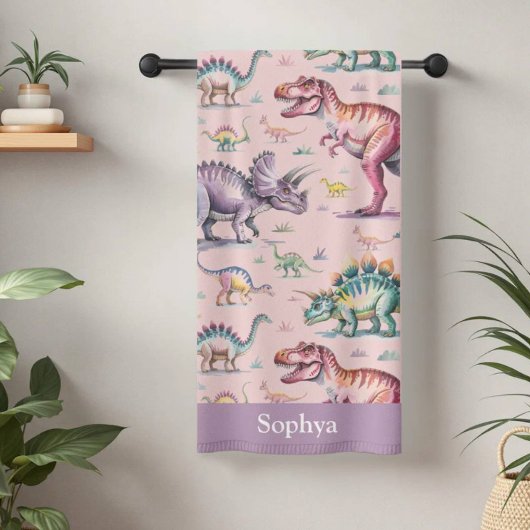 Personalized Pink Watercolor Kids Dinosaur Strandtuch